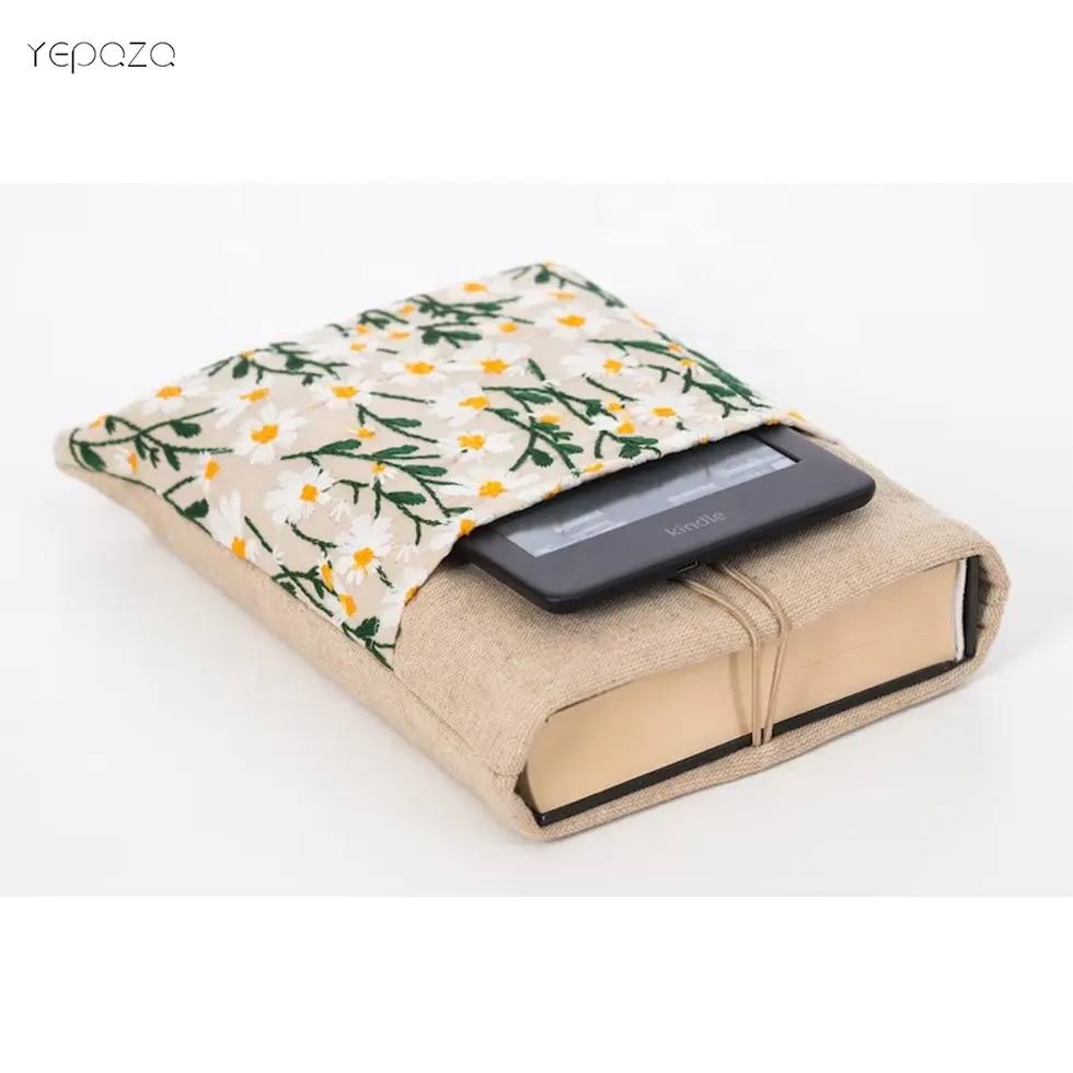 High quality reusable hemp linen customize daisy embroidery simple book cover sleeve protector for e-reader kindle