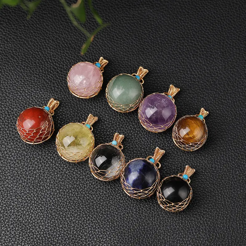 luxury high quality natural stone round beads pendant gold wrapped wire healing crystal Stone Pendant for Jewelry Making