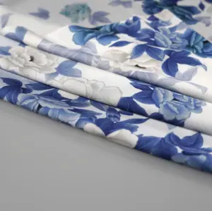 Spandex estampa personalizada, texturizada de poliéster azul e branco com estampa digital floral, tecido de cetim de seda para vestido abaya