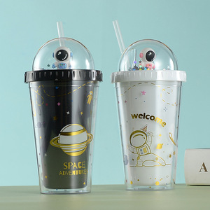 Astronaut Planet Cup Double Wall Plastic Straw Cup With Doll Cartoon Design Travel Water Bottle Two Piece Set - Product Image 2