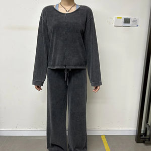 Pantaloni personalizzati da donna <span class=keywords><strong>in</strong></span> puro <span class=keywords><strong>cotone</strong></span> larghi da donna a maniche lunghe con motivo solido tessuto a maglia Casual alla moda - Product Image 1