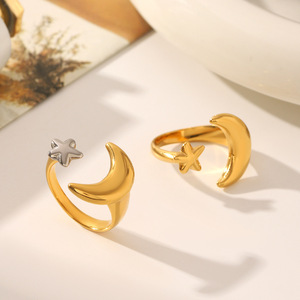 Anillo de PVD de oro de 18 quilates, anillo de luna y estrella de acero inoxidable de dos tonos, anillo abierto de moda minimalista, joyería de moda hipoalergénica para mujer - Product Image 4