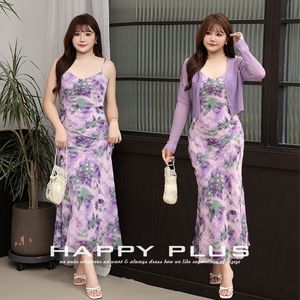 เดรสสายเดี่ยวทรงปลายหางปลาพิมพ์ลายดอกไม้สีม่วง Runqi คอวี สำหรับผู้หญิงไซส์พลัส ชุดราตรี เอวธรรมชาติ ตัดเย็บแบบไบแอสคัท - Product Image 4