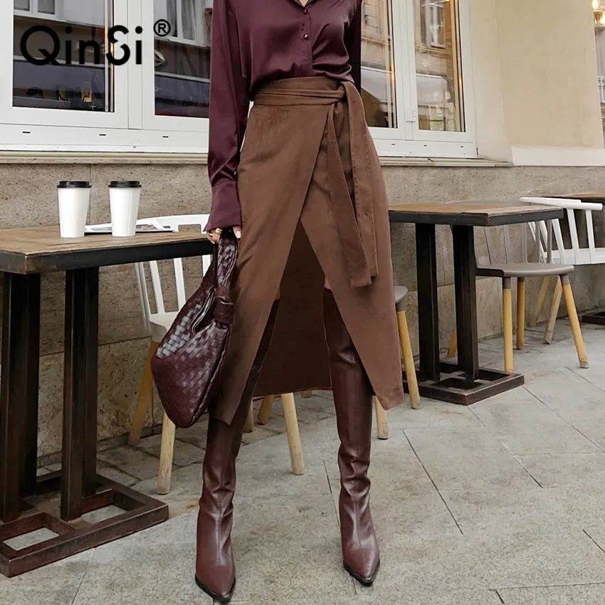 Bclout/QINSI Vintage Gray Midi Skirts Office Lady A-Line Winter 2023 Women Warm High Waist Split Skirts Faux Suede Lace Up Skirt