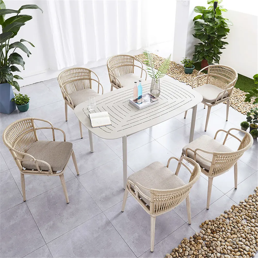 Outdoor aluminum rope woven chairs nordic outdoor woven rope dining chair