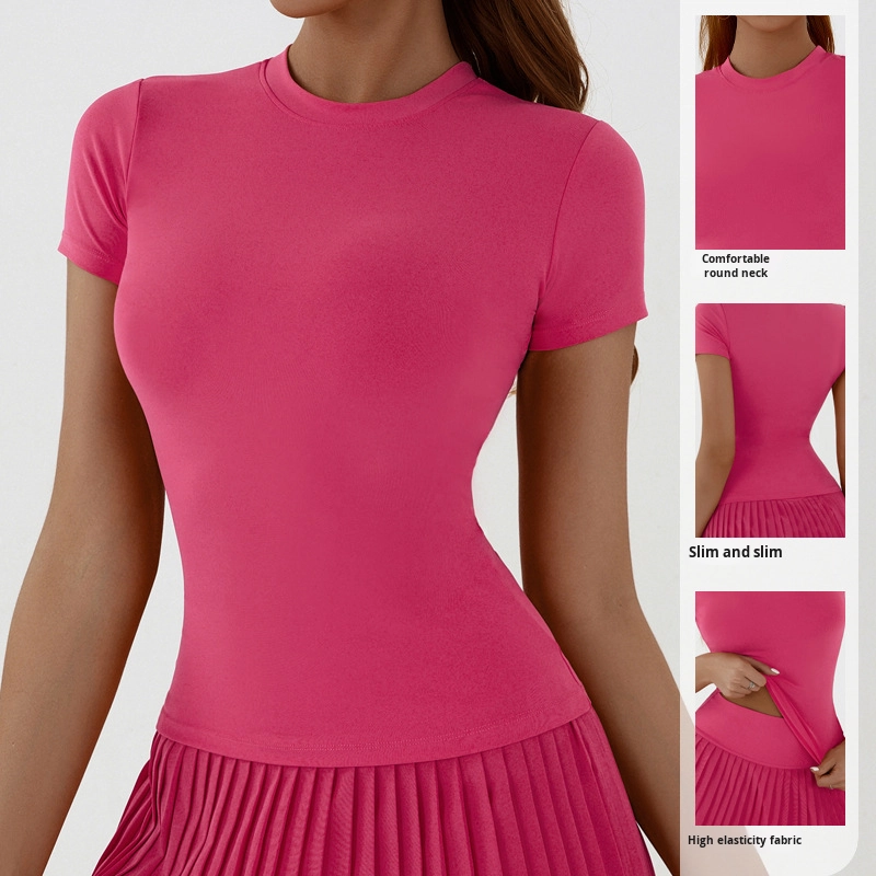 European American Style Lightweight Breathable Plus Size Barely There Quick-Dry Yoga Top Short Sleeve Skinny Fit Women's Front