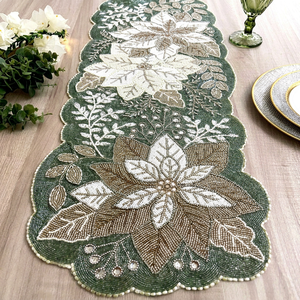 Handmade Luxury Eco-Friendly Christmas Fabric Table <b>Runner</b> <b>Green</b> Cream Embroidered Poinsettia Design Customized Shape Mats Pads - Product Image 1