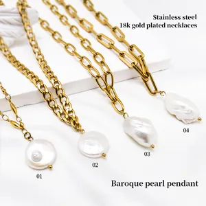 Wholesale Link Chain Stainless Steel Women Pendant Necklace Choker Sweater Freshwater Baroque Pearl Necklaces Jewelry