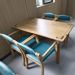 Solid Wood Dining <b>Table</b> And Chairs Set Rubberwood With Green Cloth Upholstery For Senior Living Spaces - Product Image 3