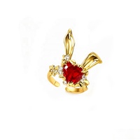 Bague ouverte pliable en alliage plaqué argent, style vintage, motif lapin, zircon rose, motif cœur, pour femme et jeune fille, élégante, légère et raffinée