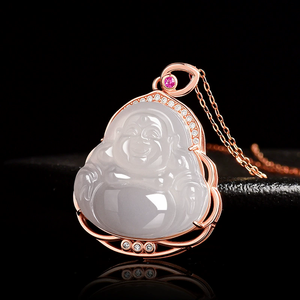 Material antiguo natural auténtico y colgante de jade de Buda sonriente de jade Tianyu, con incrustaciones de plata S925 - Product Image 4