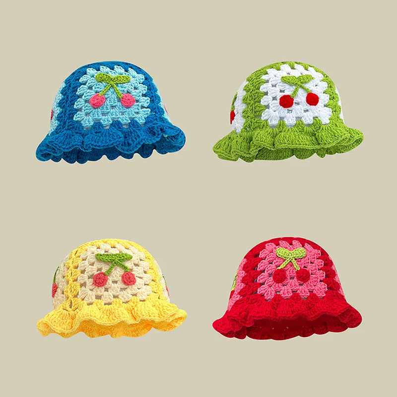 Atacado Doce Flor Crochet Mão Knit Bucket Hat Vintage Flor Algodão Mão De Malha Oco Chapéu Do Pescador