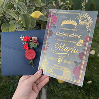 Invitación DE BODA acrílica con espejo dorado impreso con foto personalizada con chaqueta de bolsillo con estampado en caliente de tres pliegues blanco sobre Vertical
