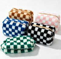 Tas Makeup Vintage Motif Kotak-kotak, Kotak Kosmetik Plaid, Tas Perlengkapan Mandi Lembut, Tas Penyimpanan Bulu Halus, Tas Makeup Travel Berbulu, Dompet Desain