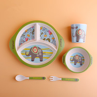 Ensemble de vaisselle pour enfants en fibre de bambou avec motif de dessin animé d'animaux mignons, bol, assiette, tasse, cuillère, fourchette