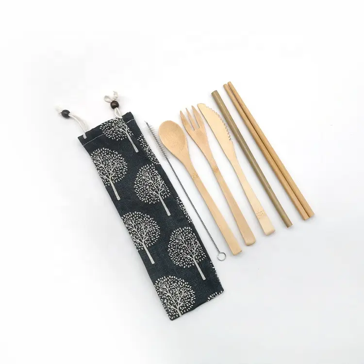 Juego de cubiertos reutilizables de bambú para viaje, pajitas de cuchillo, cuchara de bambú, tenedor, palillo