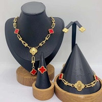 Collier, boucles d'oreilles, bracelet et bague en acier inoxydable en forme de trèfle à quatre feuilles, bijoux pour femmes, ensemble de 4 pièces