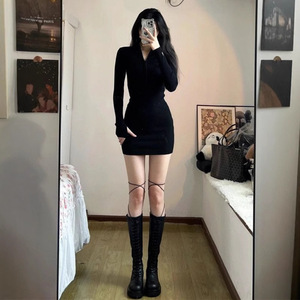 Pure Desire 2023 New German Velvet Sexy Dress Long Sleeve Autumn Winter Slim Fit Bodycon Short Skirt Zipper Hooded Neck Solid - Product Image 5
