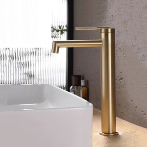 Robinet de lavabo exclusif transfrontalier tout en cuivre, finition or brossé, poignée unique, double commande, activation par levage, eau chaude/froide - Product Image 4