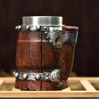 D5903 Chope à bière effet bois en acier inoxydable 304, tasse à café médiévale, cadeau, chope de taverne en forme de baril en bois
