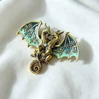 Broche vintage en émail double dragon, épingle de revers gothique Dragon ailé, broche fantaisie créature mythique, décoration de vêtement, cadeau