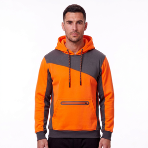 men <b>hi</b> <b>vis</b> reflective safety hoodie neon <b>orange</b> charcoal grey color block fleece pullover zippered pocket hooded sweatshirt top - Product Image 1