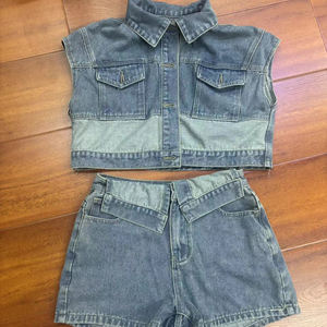 Vestes d'été <span class=keywords><strong>en</strong></span> denim extensible avec poches Top court <span class=keywords><strong>sans</strong></span> manches et short <span class=keywords><strong>en</strong></span> <span class=keywords><strong>jean</strong></span> Ensemble assorti de 2 pièces pour femmes - Product Image 4