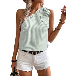 เสื้อผู้หญิงลายทางแบบไหล่เดียว แขนกุด เสื้อฤดูร้อนลำลองสำหรับวันหยุด ผ้าป๊อปลินระบายอากาศได้ดี - Product Image 5