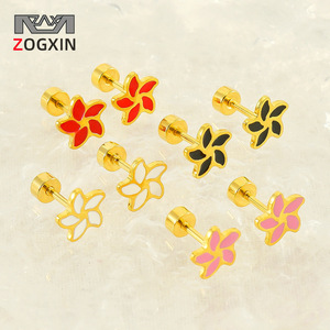 Flower Stud <b>Earrings</b> 18K Gold Plated Stainless Steel Screw In Anti <b>Drop</b> Sweet Style For Women Fashion Jewelry Wholesale - Product Image 2