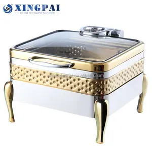 XINGPAI cinco estrelas hotel dubai martelado luxo ouro chafers aço inoxidável escoriações prato com tampa de vidro visível