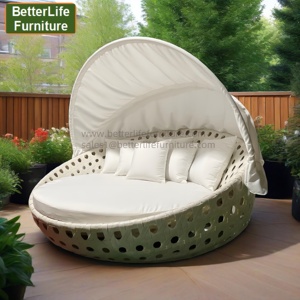 Lit <span class=keywords><strong>de</strong></span> repos circulaire <span class=keywords><strong>de</strong></span> jardin en rotin blanc avec auvent pour hôtel et extérieur - Product Image 4