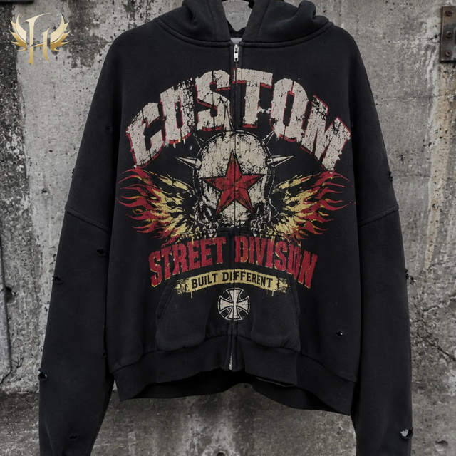 Huiteng Custom Men Zip up Hoodie DTG Cracked Print Distressed Oversized Heavyweight Grunge Streetwear Custom LOGO Hoodies