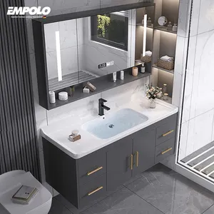Empolo Luxury Nordic Ceramic Basin Big Storage Bathroom Set Vanity Cabinet With LED Mirror
