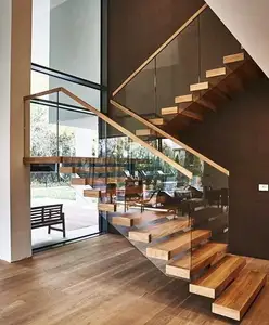इनडोर आधुनिक लकड़ी की अदृश्य मोनो स्ट्रिंगर सीढ़ी के लिए फ्लोटिंग सीढ़ियाँ