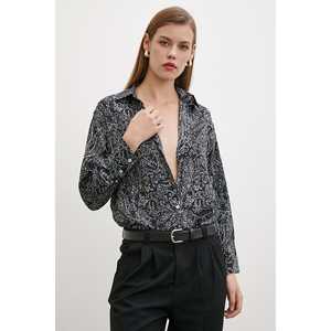 Camisa de Satén con Estampado Paisley, Blusa Informal Negra con Botones para Mujer, Uso Diario - Product Image 6