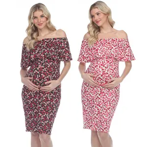 Maternity Clothes Off Shoulder Pink Bodycon Photo Shoot Pregnancy Dress With Ruffle Top