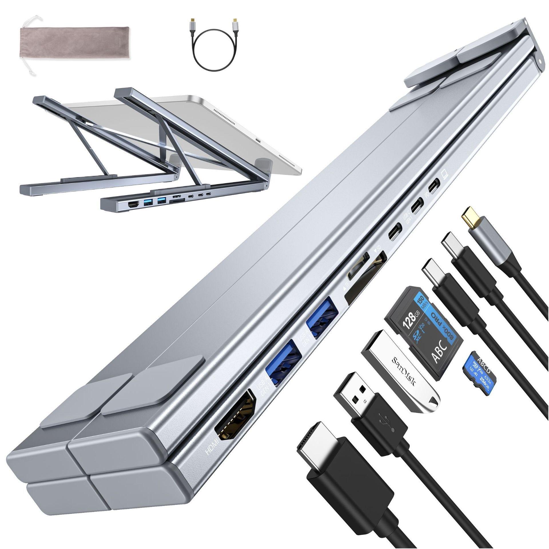 Laptop Holder Stand 8 Ports Usb c Hub Aluminium Adjustable HD 4K USB3.0 Multifunction 8 in 1 USB C HUB Laptop Stand