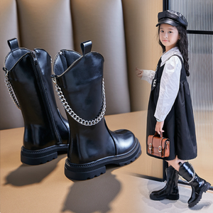 Bottes de mode pour filles, noires, hautes jusqu'au genou, avec chaîne latérale, en cuir, style princesse, pour l'automne, bottes chaudes et plates pour enfants - Product Image 4