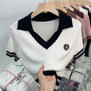 <span class=keywords><strong>Chemise</strong></span> polo <span class=keywords><strong>chic</strong></span> pour femmes en soie glacée d'été, tricotée, unique, col en V, manches courtes - Product Image 6