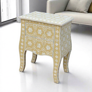 Mesita de noche con dos cajones, con incrustaciones de hueso y patrón geométrico de estrella en mosaico, hecha a mano en color amarillo, disponible a precios de mayorista. - Product Image 1