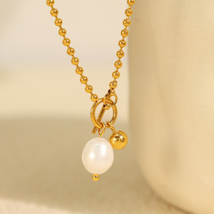 Collar con colgante de perlas de estilo europeo americano para mujer, cadena de oro, perla de agua dulce, cadena minimalista para clavícula, uso diario - Product Image 1