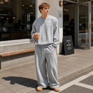 Ensemble de survêtement surdimensionné personnalisé pour <span class=keywords><strong>homme</strong></span> en coton avec passepoil contrastant, sweat-shirt à col rond + <span class=keywords><strong>pantalon</strong></span> de survêtement large, ensemble 2 pièces streetwear boxy - Product Image 1