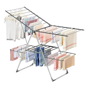 OWNSWING Rack de secagem de roupas dobrável Rack de secagem de lavanderia grande de 2 níveis Rack de secagem de roupas dobrável em aço inoxidável