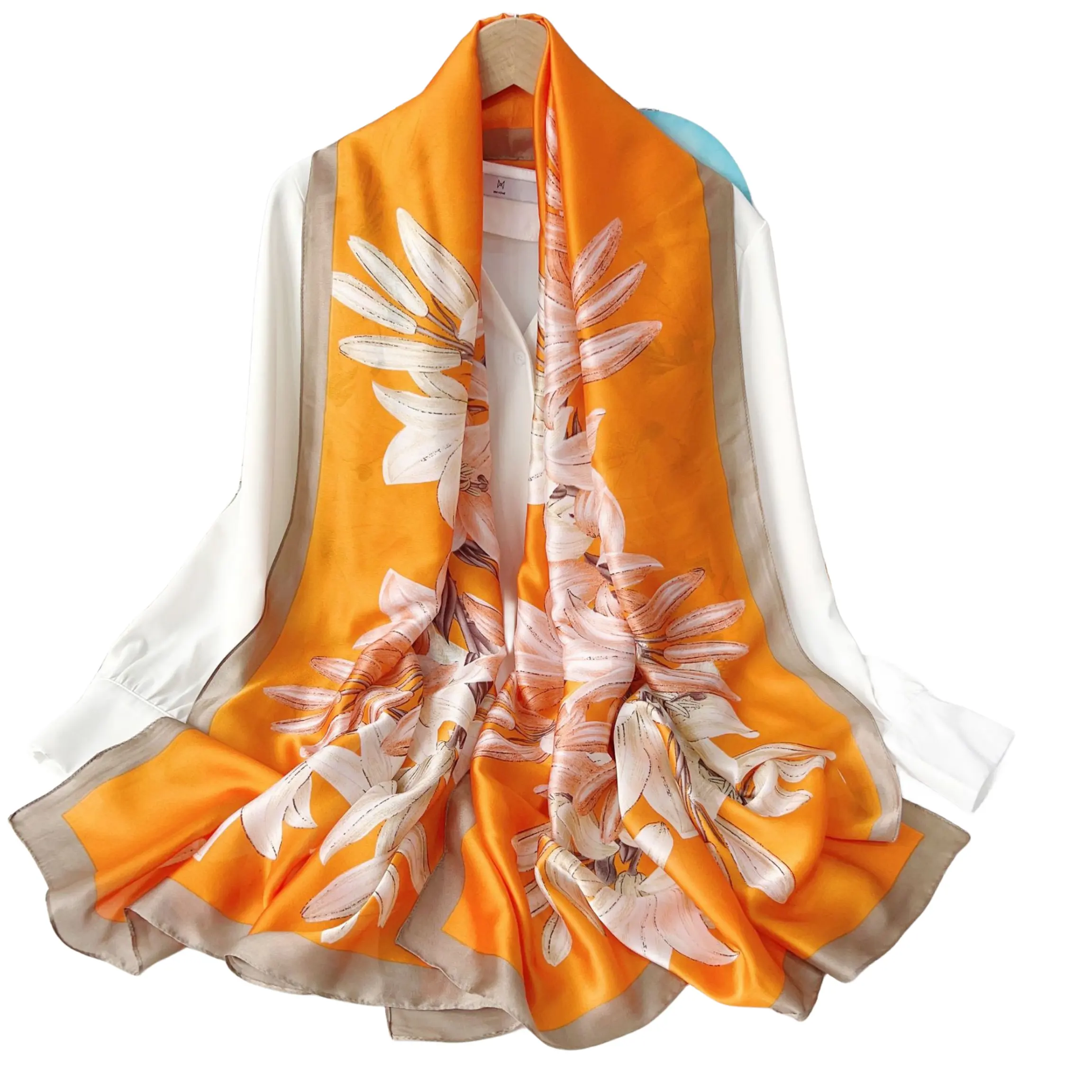 Bufanda de seda elegante de marca a la moda con logotipo personalizado, gran oferta, chal estampado de seda de gasa Georgette para mujer, bufanda de seda