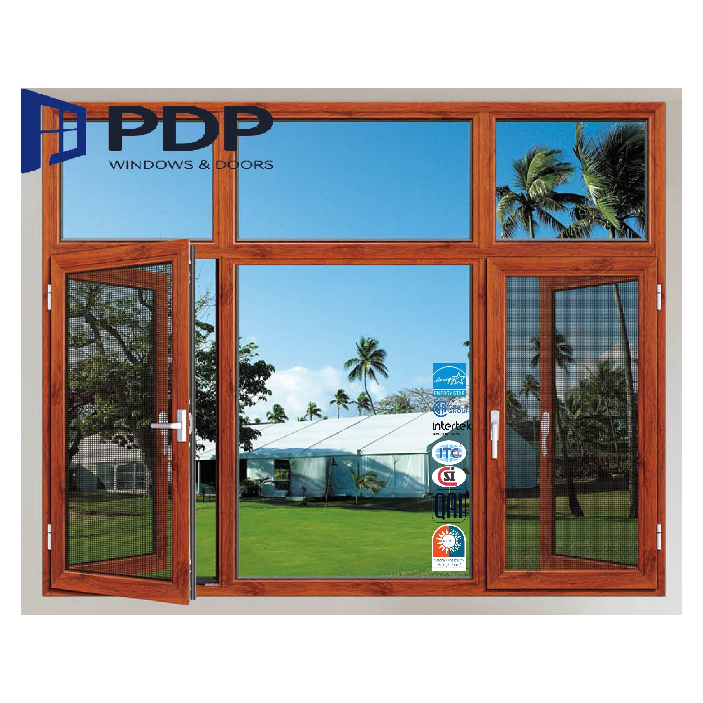 PDP Modern Design Aluminum Clad Wood Casement Windows Ventilation Screen for Villa Application