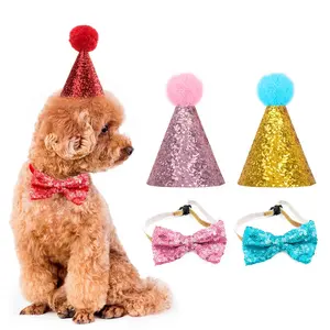 थोक पालतू जन्मदिन टोपी और प्यारा Bowtie कॉलर सेट कुत्ते बिल्ली Headwear क्रिसमस पार्टी अव्वल पालतू कॉलर आकर्षण सामान