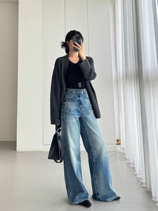 Yuanboei celana <span class=keywords><strong>Jeans</strong></span> kaki lebar wanita, celana Denim kaki lebar bergaya Boyfriend grosir untuk wanita - Product Image 3