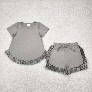 Ventes en gros de vêtements pour enfants en bas âge, filles, décontractés, en coton, à la mode, mignons, hauts à manches courtes à volants avec shorts, ensembles de 2 pièces - Product Image 5