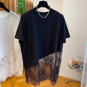 <span class=keywords><strong>Camiseta</strong></span> de <span class=keywords><strong>Mujer</strong></span> <span class=keywords><strong>con</strong></span> Dobladillo de Encaje en Contraste, Vestido Casual <span class=keywords><strong>con</strong></span> Dobladillo Asimétrico y Detalle de Brillo, Moda Sehe - Product Image 3