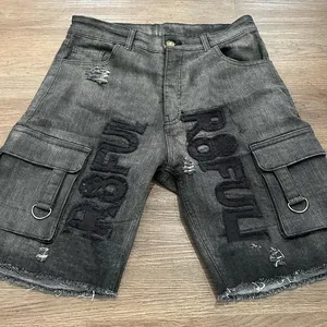 Shorts jeans bordados para homens, short de corte com bainha e borda, moda de rua hip hop jeans para homens, fabricante OEM personalizado